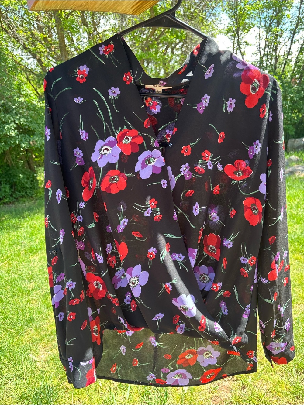 Pleione Black Floral V-Neck Blouse with Red & Purple Blooms